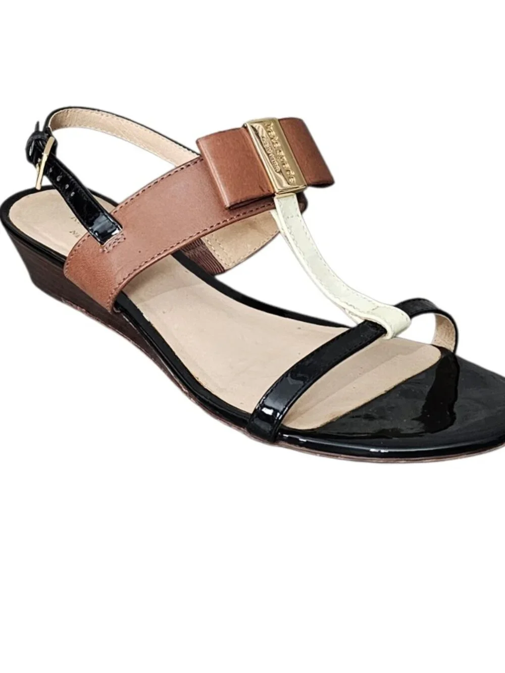 Kate Spade Clorinda Tricolor Leather Bow Wedge Sandal COA T-Strap Sling Size 7.5